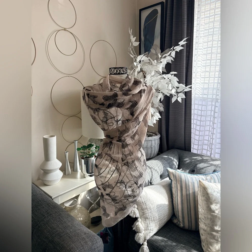 NWT Tickled Pink Black & Tan Zebra Print Wrap Scarf Size 27”x 76” - Picture 2 of 10